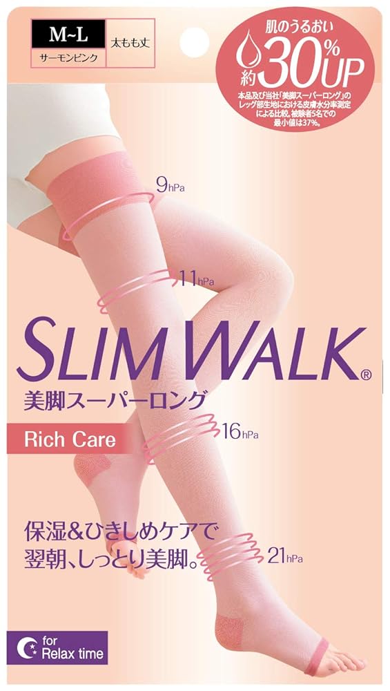 「商品情報」説明 商品紹介 【商品特徴】 ●「スリムウォーク」の美脚Rich Careスーパーロングタイプです。 ●コラーゲン配合繊維使用肌の潤い約30%(※)UP。 ※本品及び当社「美脚スーパーロン