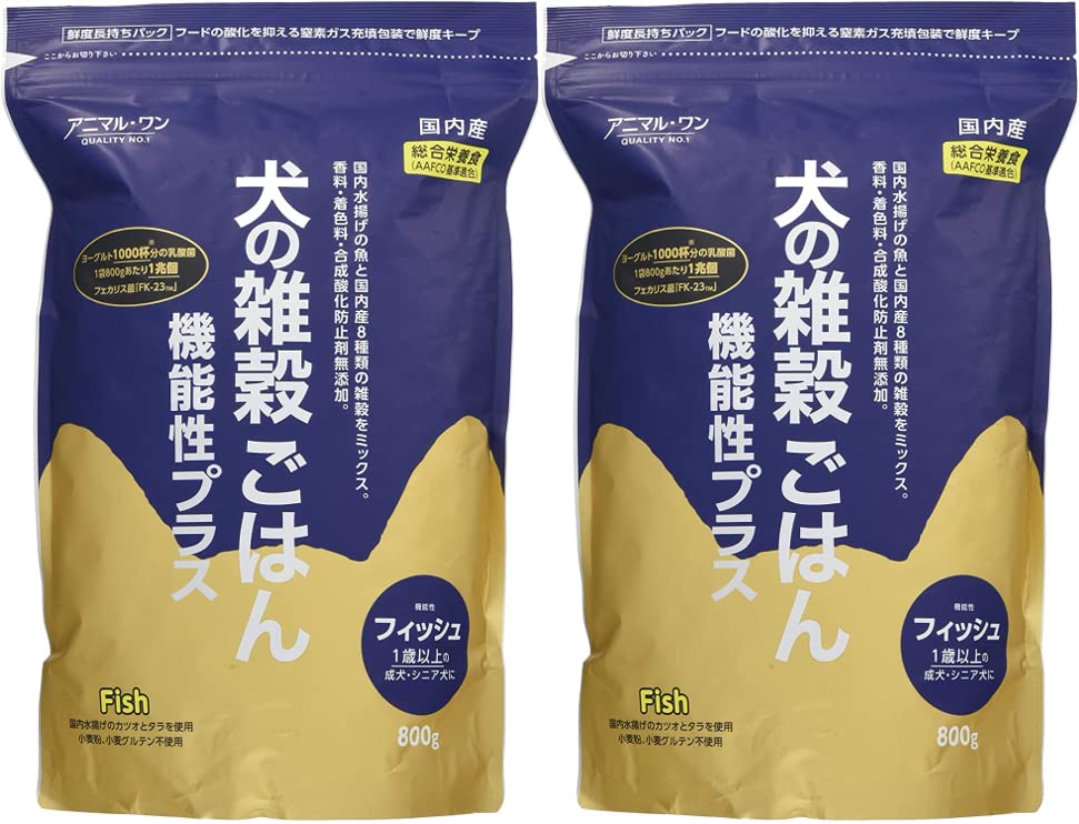 「商品情報」犬の雑穀ごはん ドライ 機能性プラス フィッシュ 800 g ×2袋のセットです。国内水揚げのカツオ（静岡県）とタラ（北海道）の2種類の魚を使用しています。 1歳以上の成犬、シニア犬に最適