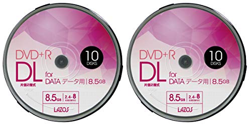 Lazos DVD+R DL 8.5GB for DATA 2.4-8倍速対応 1回記録用 ホワイトワイド印刷対応 10枚組 スピンドルケース入 L-DDL10P 2パックセット